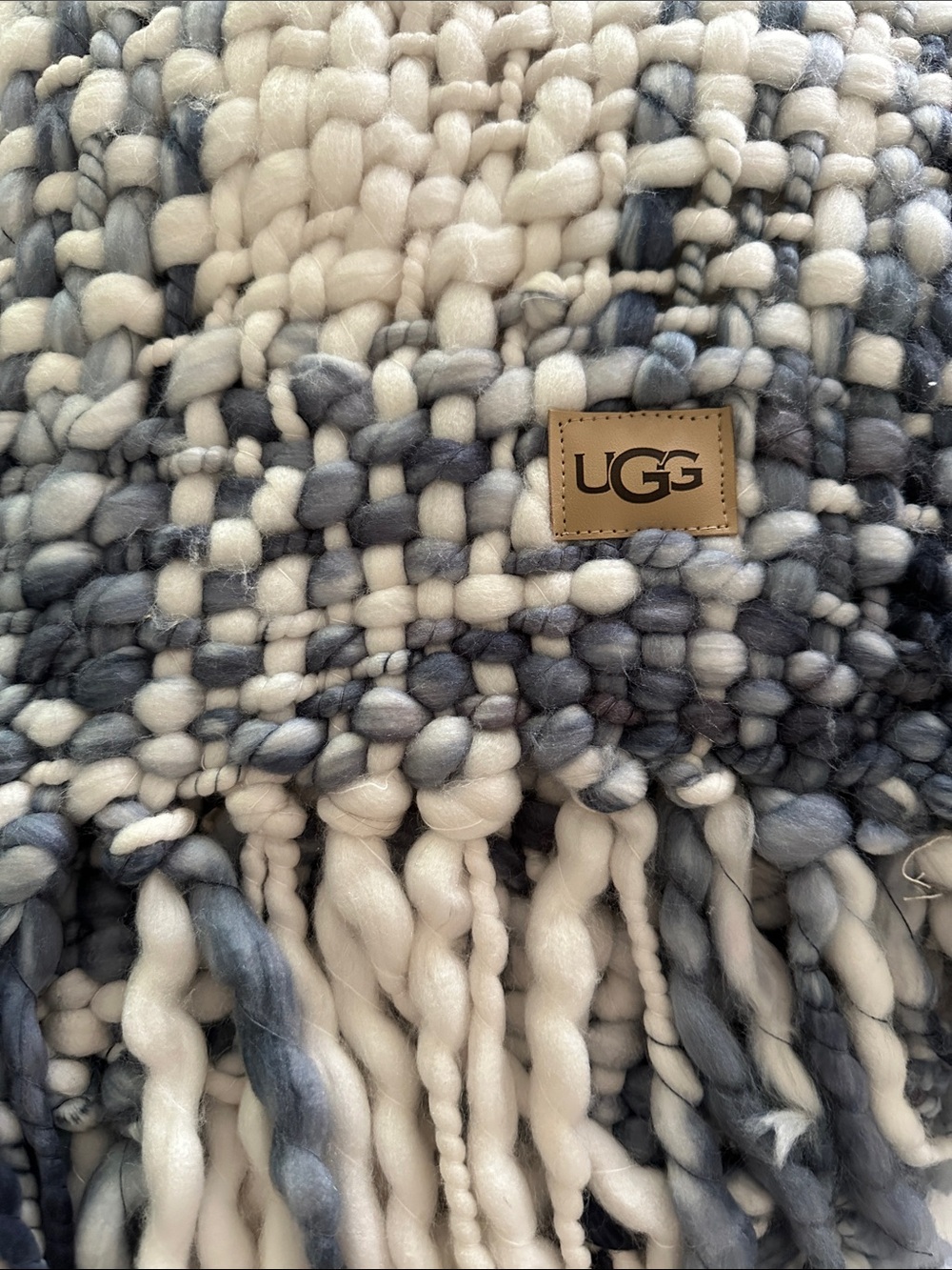 UGG Chunky Knit Fringe Cape - Blue & White Throw